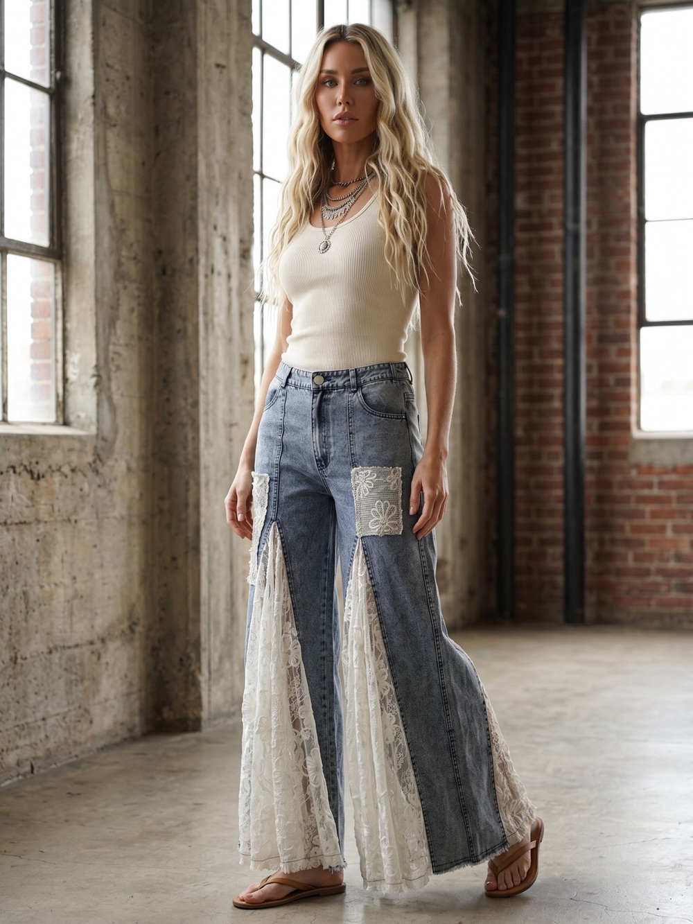 NWT Lace Panel Patchwork Exaggerated Ultra Wide Leg Flare Denim Jeans Pants - Picture 4 of 7